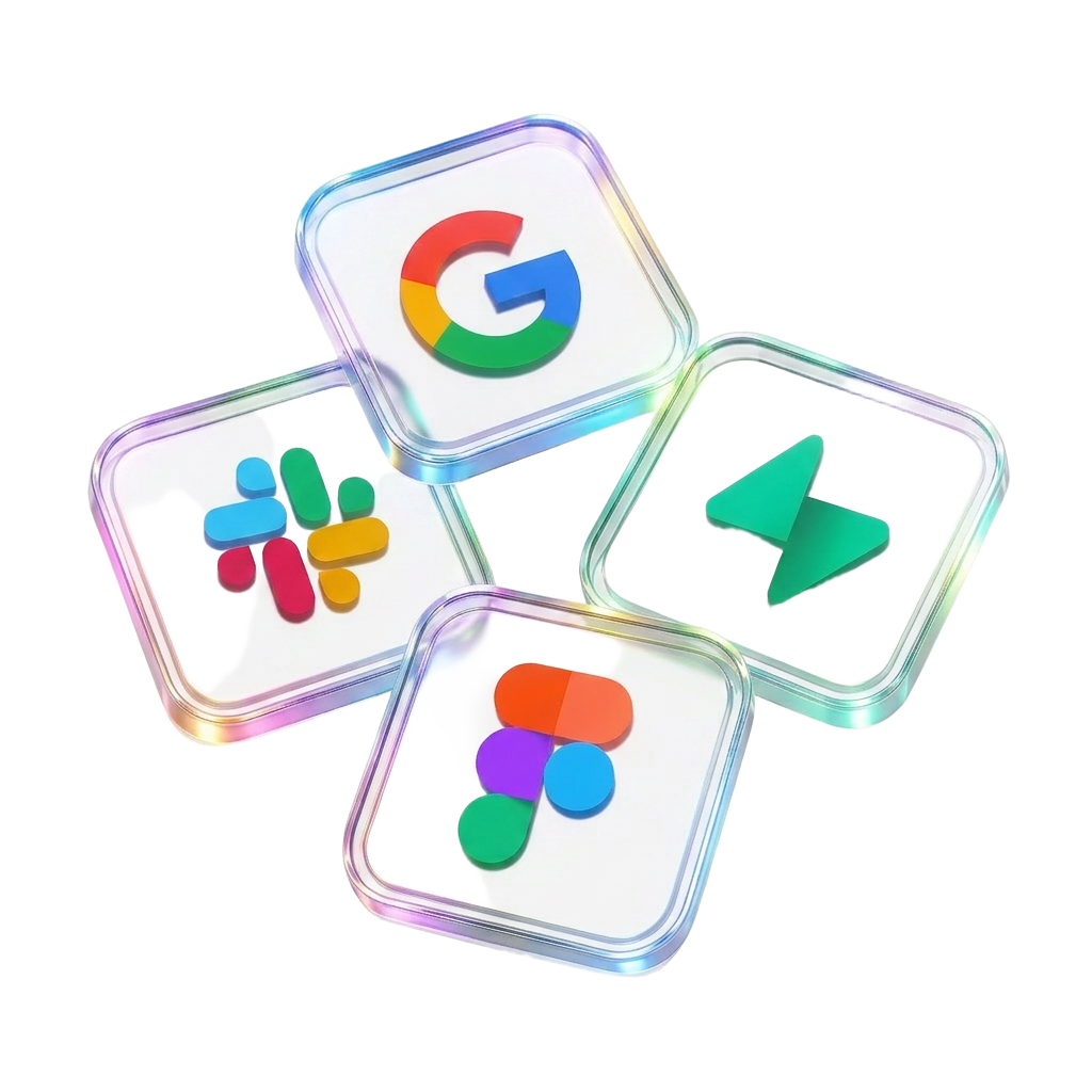Premium glass tablets with AI, network, and workflow icons floating in arrangement